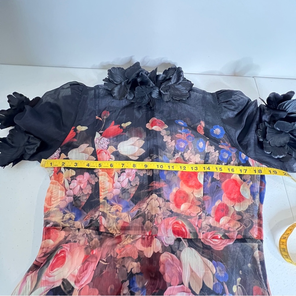 Black Multicolor Floral Sheer Midi Dress Floral Applique Hi-Neck Flare Women XL - Picture 11 of 14